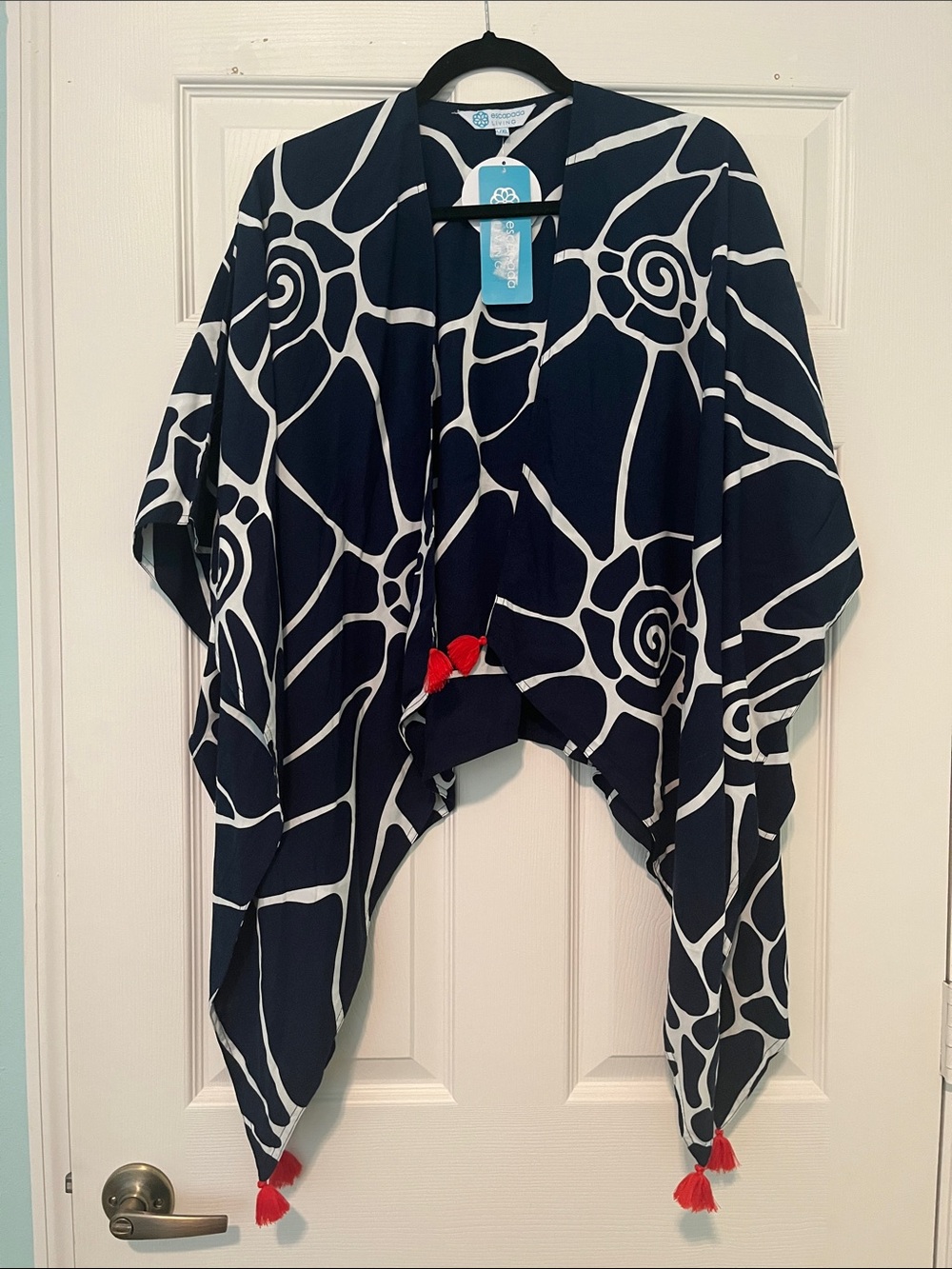 Navy and White Abstract Floral Open Poncho/Wrap with Red Tassels